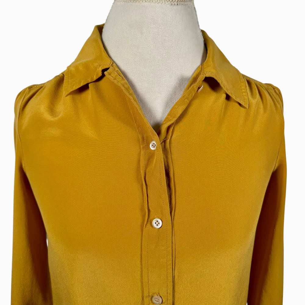J. Crew Silk Button-Up Blouse Yellow Marigold Long Sleeve Shirt Classic Size 2